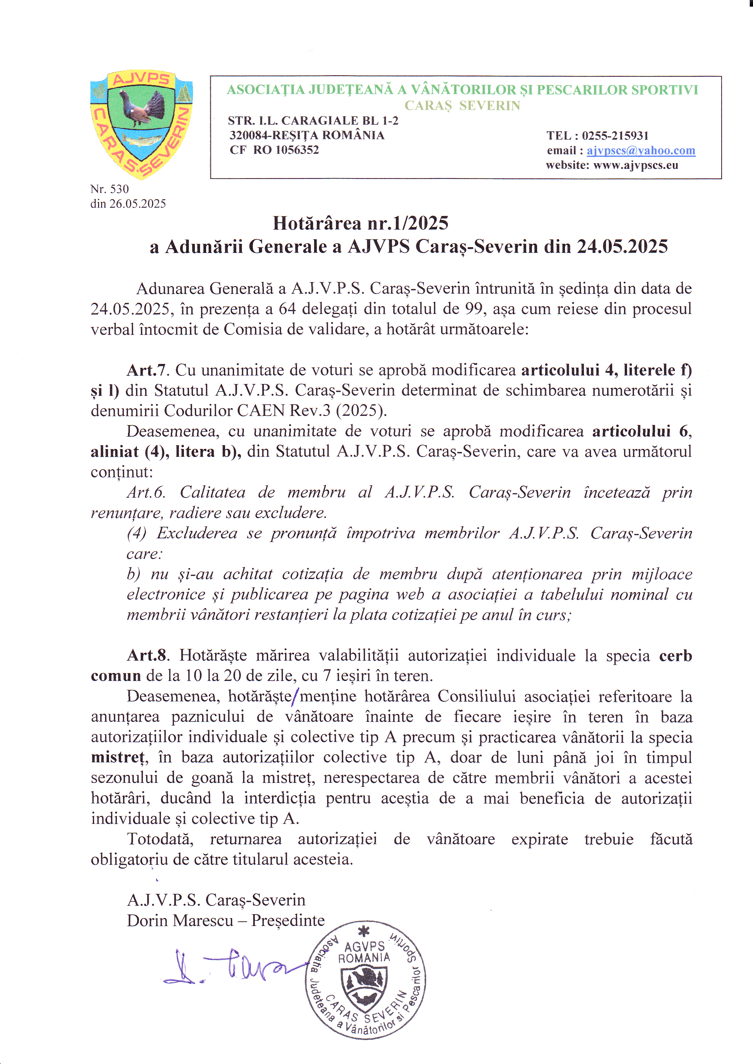 Hotararea nr 1/2025 a Adunarii Generale AJVPS Caras Severin 24.05.2025
